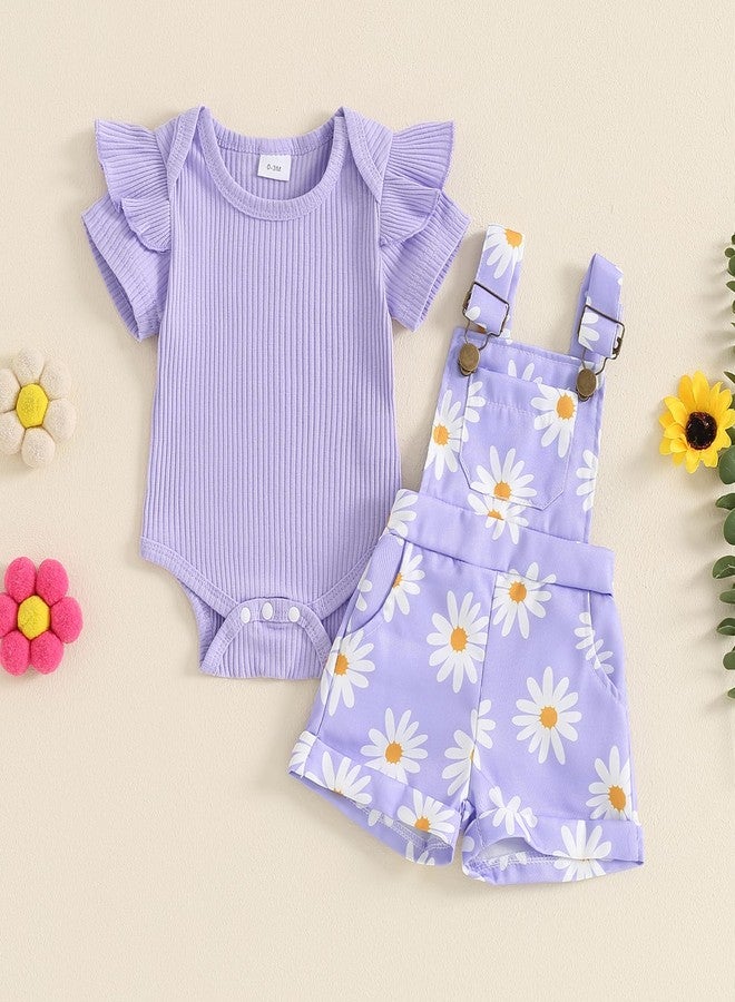 DSORVICD Newborn Baby Girl Summer Clothes Ribbed Ruffle Short Sleeve Romper Daisy Suspender Overall Shorts 2Pc Outfits (Purple, 0-3 Months) - Image 2
