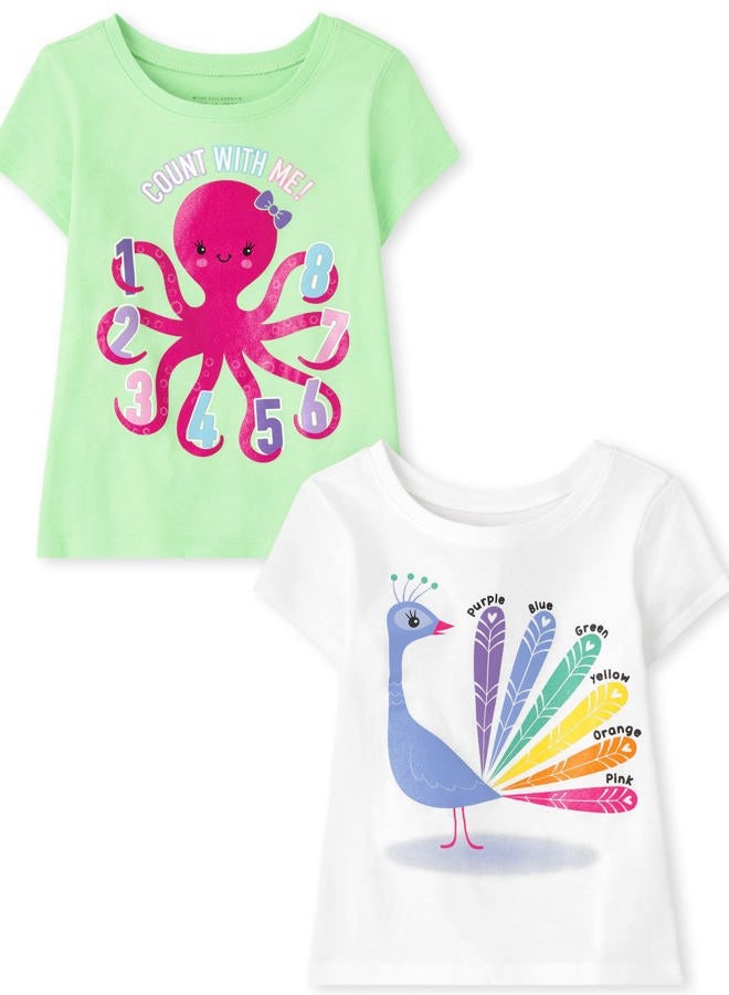 The Children's Place Baby Toddler Girls Short Sleeve Multi Color Graphic T-Shirt, 2 Pack, Peacock/Count with Me - Image 2