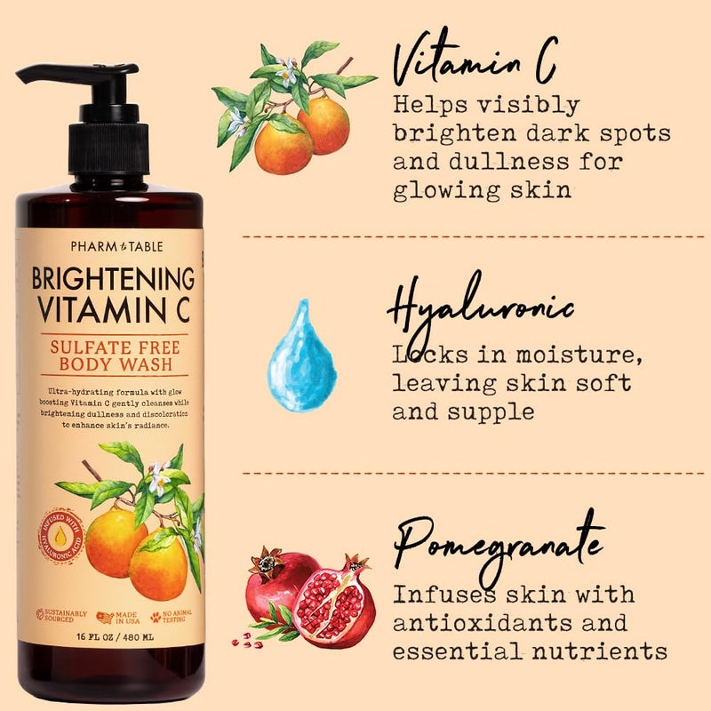 PHARM TO TABLE Brightening Vitamin C Body Wash for Women and Men - Brightens and Nourishes the Skin, Sulfate Free, 100% Cruelty Free, 480ml - Image 3