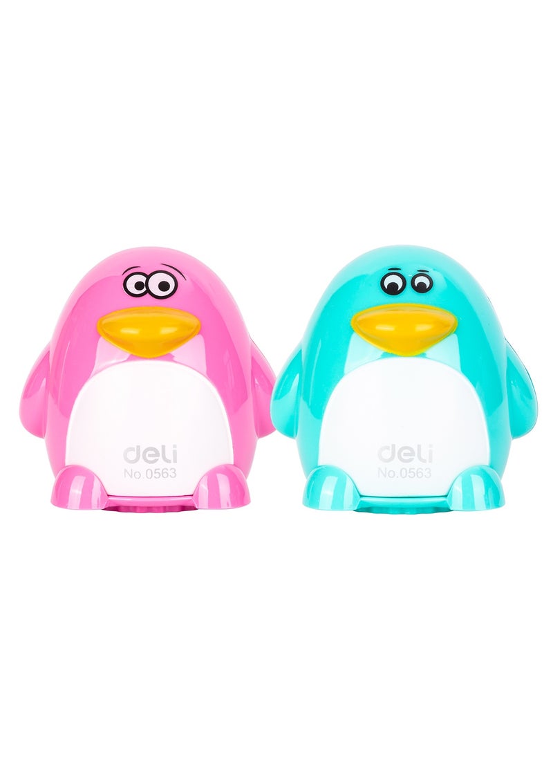 Deli Deli E0563 2-Hole Penguin Pencil Sharpener with Canister – ideal for school & creative use  - Image 1