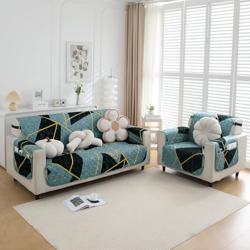 HOKIPO 'Elira Series' Polyester Blend Quilted Water Repellent + Waterproof + Quick Dry Sofa Cover Mat for 2 Seater Sofa with Pockets On Armrest Cover - Multicolor Abstract Geometry (AR-5239-C10) - Image 3