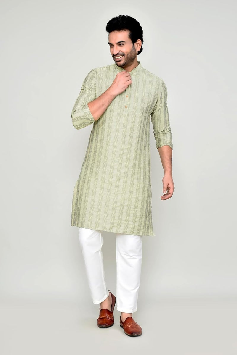 POLY2FAB Men's Cotton Jacquard Striped Kurta with Full Sleeves & Mandarin Collar | Festive & Ethnic Wear Straight Kurta for Men - Image 4