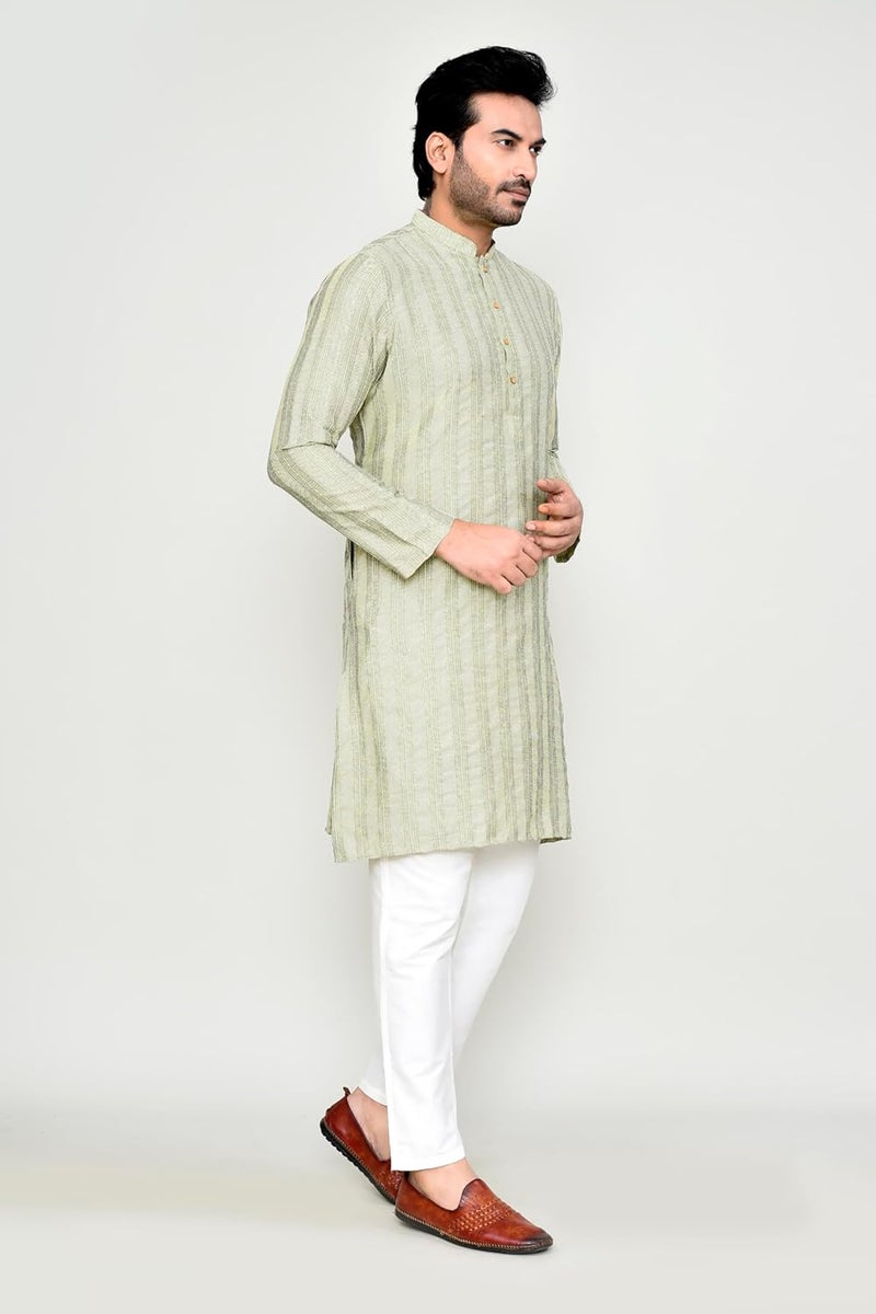 POLY2FAB Men's Cotton Jacquard Striped Kurta with Full Sleeves & Mandarin Collar | Festive & Ethnic Wear Straight Kurta for Men - Image 3