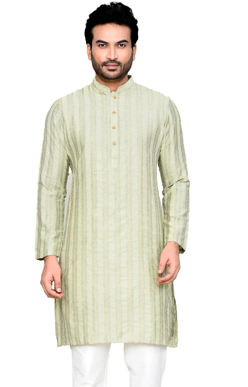 POLY2FAB Men's Cotton Jacquard Striped Kurta with Full Sleeves & Mandarin Collar | Festive & Ethnic Wear Straight Kurta for Men - Image 1
