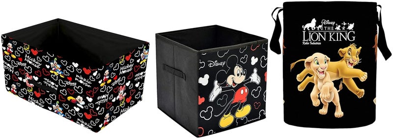 Kuber Industries Kuber Industries Mickey Mouse Foldable Storage Cube Storage Box &Kuber Industries Mickey Print Drawer Storage&Kuber Industries Lion King Print Round Fabric Foldable Laundry Basket,