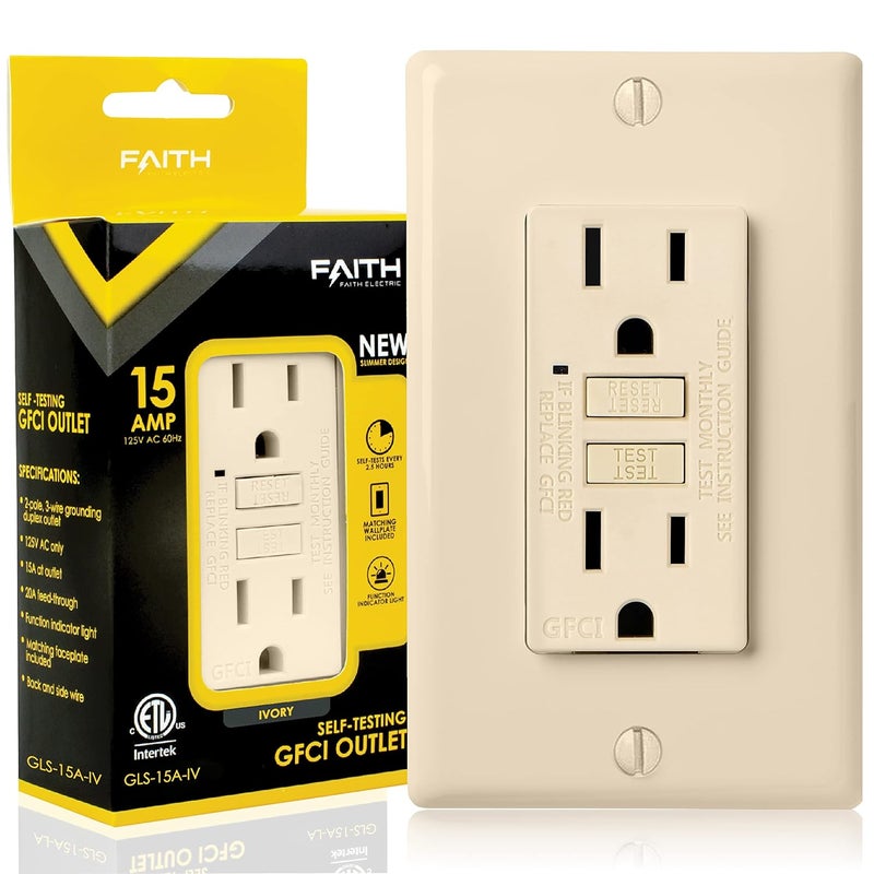 Faith 15A GFCI Outlet ETL Listed NonTamperResistant GFI Duplex Receptacles with LED Indicator SelfTest Ground Fault Circuit Interrupter with Wall Plate Ivory - Image 1