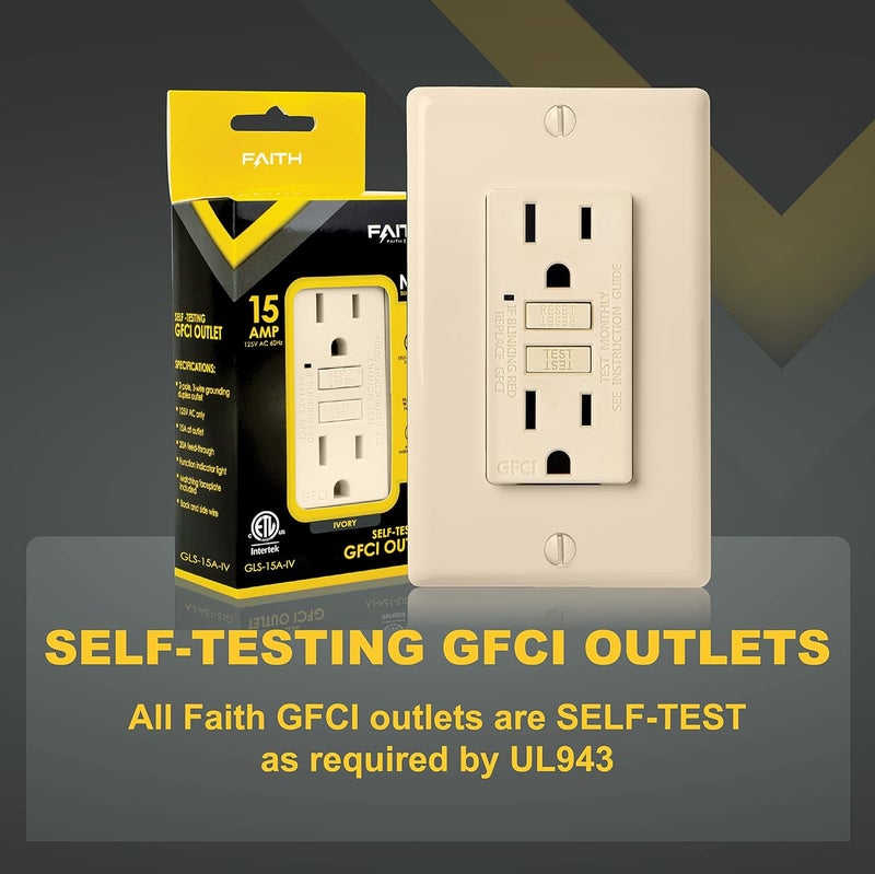 Faith 15A GFCI Outlet ETL Listed NonTamperResistant GFI Duplex Receptacles with LED Indicator SelfTest Ground Fault Circuit Interrupter with Wall Plate Ivory - Image 2