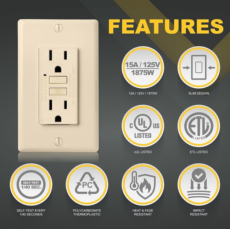 Faith 15A GFCI Outlet ETL Listed NonTamperResistant GFI Duplex Receptacles with LED Indicator SelfTest Ground Fault Circuit Interrupter with Wall Plate Ivory - Image 3