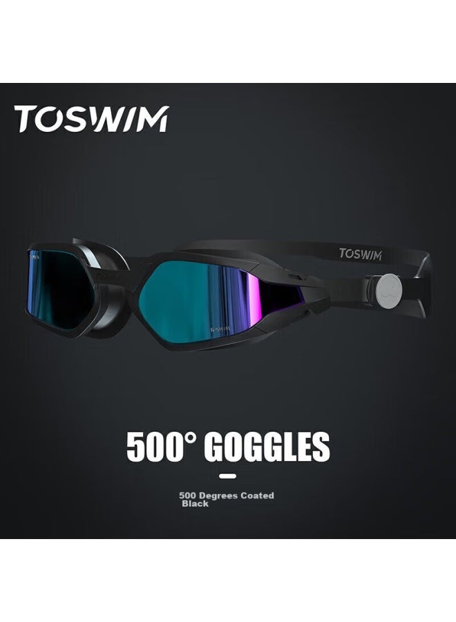 Toswim Myopia Swimming Goggles For Men And Women, High-definition Anti-fog Waterproof Left And Right Eye Prescription Swim Gl, Single Lens With Black Frame And Blue Coating, 500 Degrees - Image 1