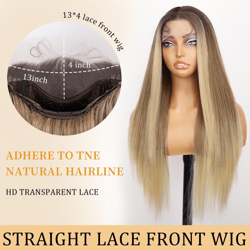AISI HAIR 13x4 Ombre Blonde Straight Lace Front Wig for Women Synthetic Pre Plucked Blonde Glueless Wig With Baby Hair for Beginner Friendly 28inch - Image 2