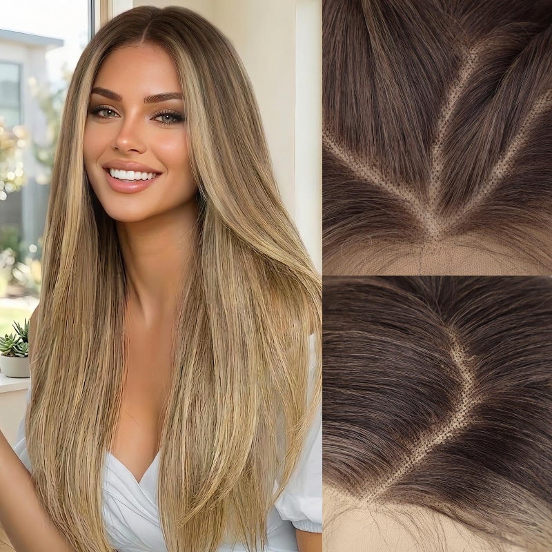 AISI HAIR 13x4 Ombre Blonde Straight Lace Front Wig for Women Synthetic Pre Plucked Blonde Glueless Wig With Baby Hair for Beginner Friendly 28inch - Image 1