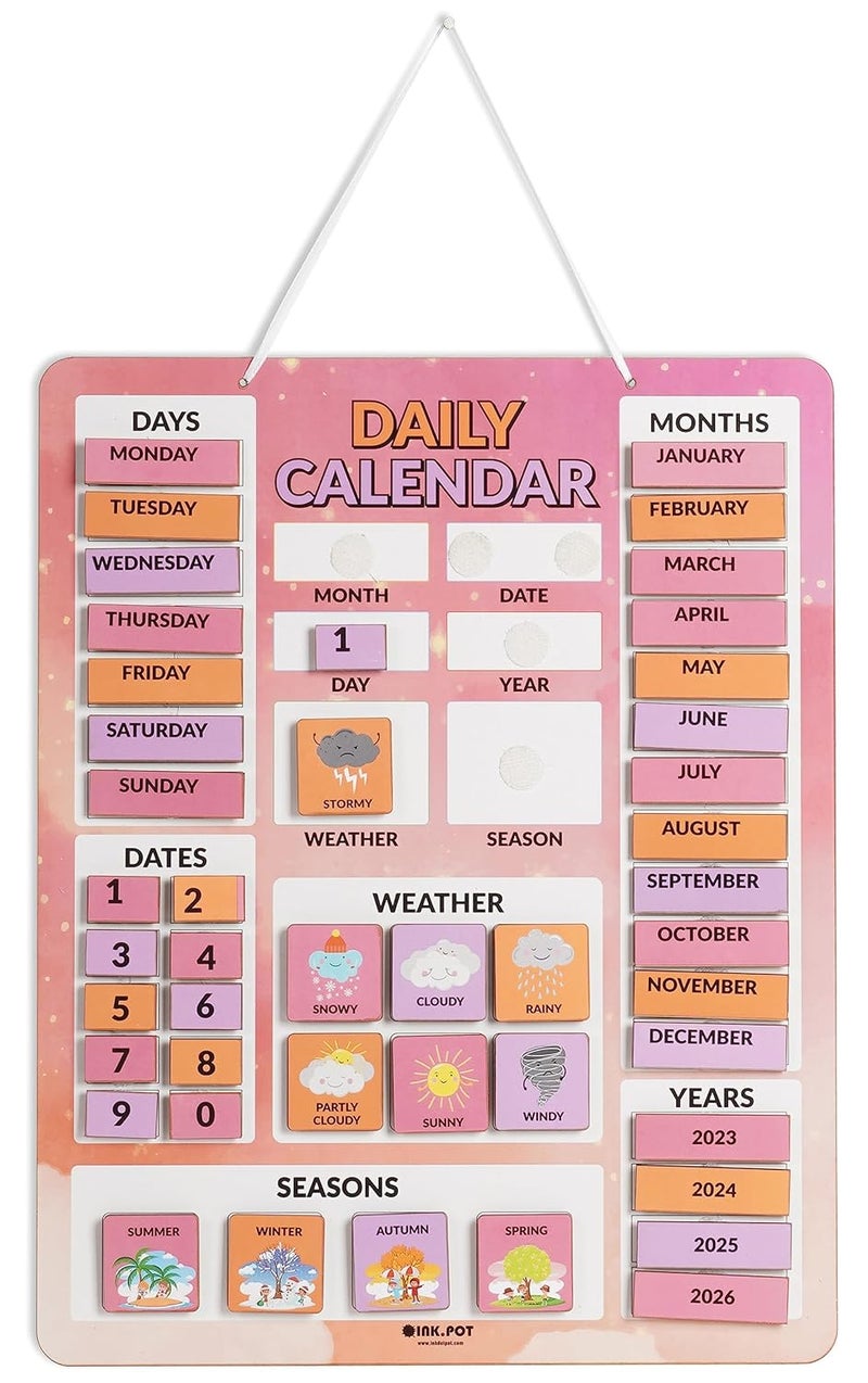 Inkdotpot My First Calendar Board For Kids, Preschool Wall Hanging Month/Date/Day/Weather/Season (42 Pieces); Classroom Learning Calendar Board, 14.5 x 11.5 inches (Pink & Lavendar) - Image 1