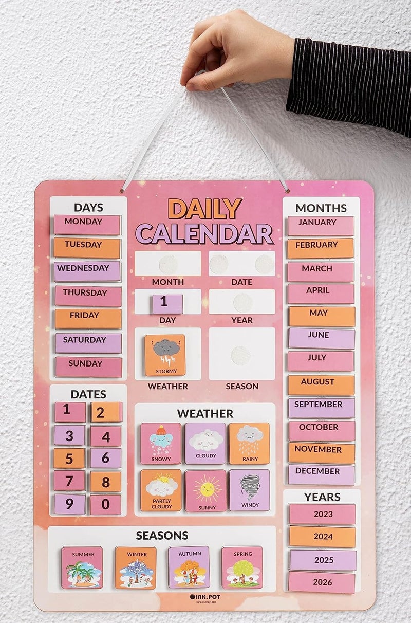 Inkdotpot My First Calendar Board For Kids, Preschool Wall Hanging Month/Date/Day/Weather/Season (42 Pieces); Classroom Learning Calendar Board, 14.5 x 11.5 inches (Pink & Lavendar) - Image 2
