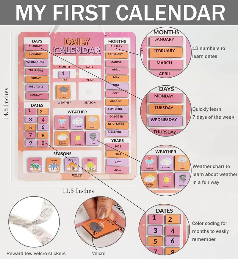 Inkdotpot My First Calendar Board For Kids, Preschool Wall Hanging Month/Date/Day/Weather/Season (42 Pieces); Classroom Learning Calendar Board, 14.5 x 11.5 inches (Pink & Lavendar) - Image 3