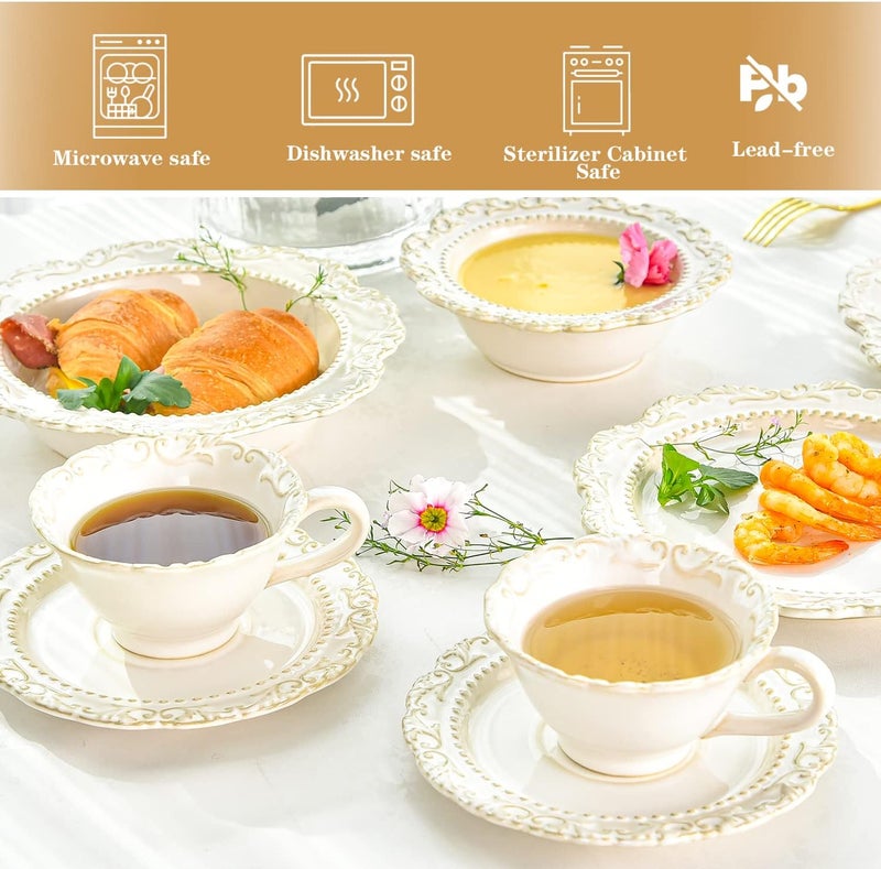 Sungmor أكواب قهوة سيراميك سونغمور 2 مجموعة 200 مل 68 أونصة مع صحن تصميم جميل مزخرف بأوراق العنب مع أطباق أكواب شاي طراز العصور الوسطى الأوروبية العتيقة مجموعة أكواب بيج ريفي للحفلات أو الهدايا - Image 3