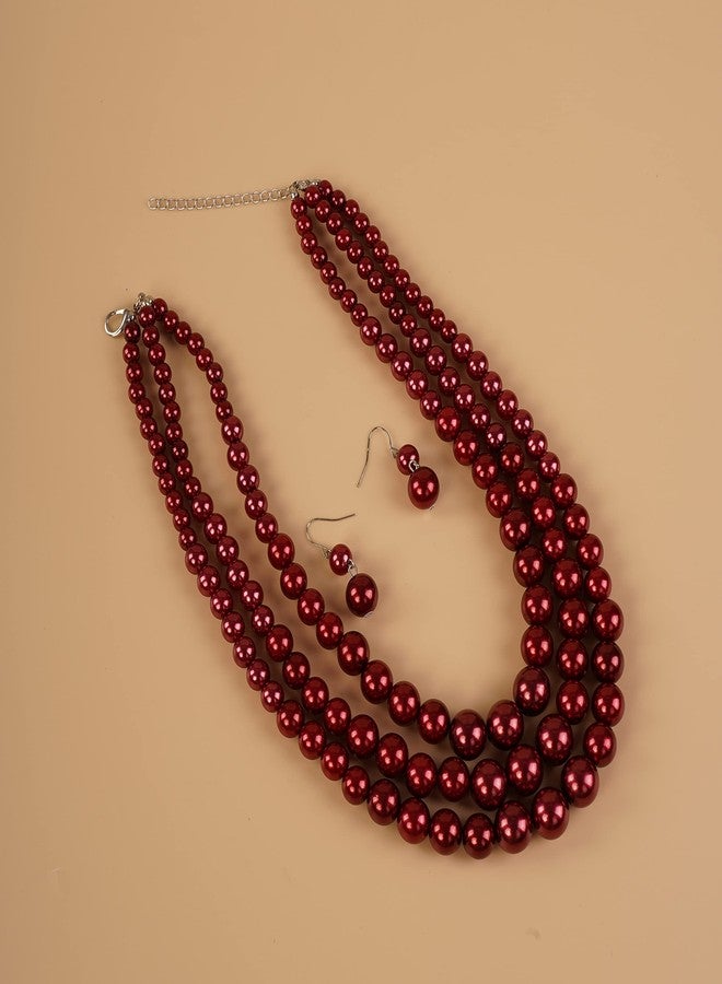 يرتير طقم عقد وأقراط من اللؤلؤ الصناعي من YERTTER، بتصميم عتيق يعود إلى عشرينيات القرن الماضي، يتضمن قلادة كبيرة من اللؤلؤ الصناعي، وعقد متعدد الخيوط من اللؤلؤ الصناعي، وقلادات لؤلؤ سميكة للنساء، ومجوهرات زفاف (لون أحمر خمري). - Image 5