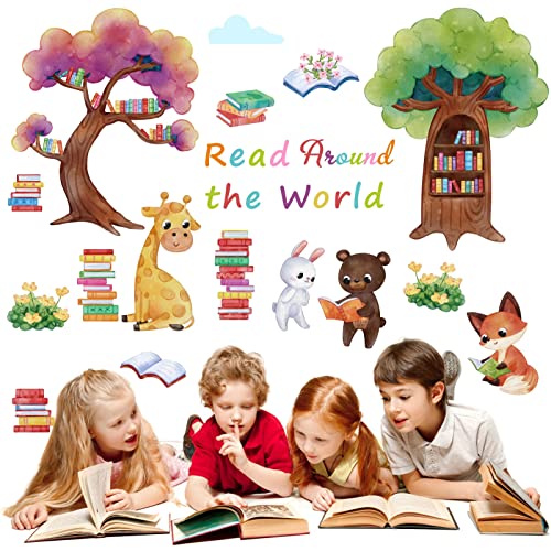 HATARU Multicolor Animals Reading Animals Wall Decals, Waterproof Vinyl Sticker for Wall, Window Decor, Cartoon Tree Animal Wall Stickers Peel and Stick, Nursery Decor - Image 2