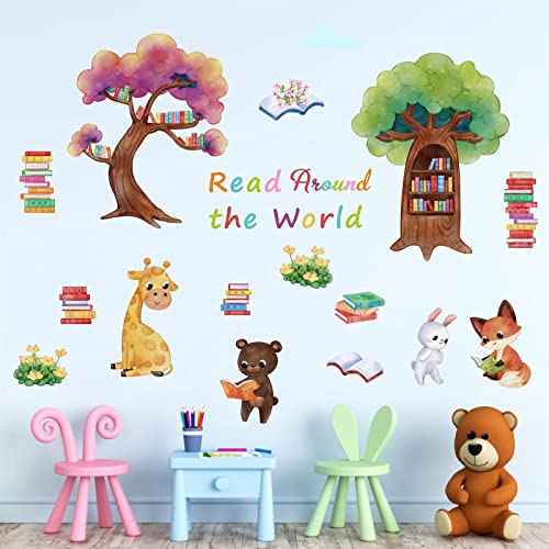 HATARU Multicolor Animals Reading Animals Wall Decals, Waterproof Vinyl Sticker for Wall, Window Decor, Cartoon Tree Animal Wall Stickers Peel and Stick, Nursery Decor - Image 4