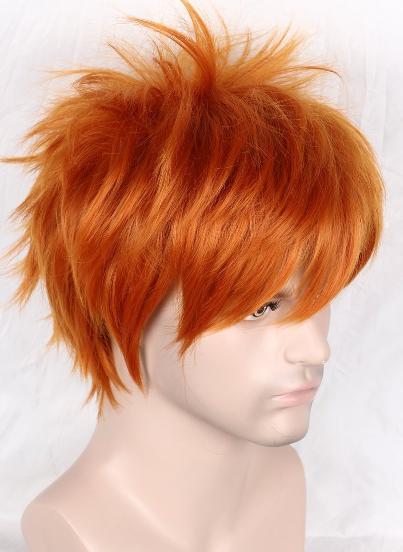Linfairy Unisex Short Straight Orange Red Cosplay Wig Halloween Costume Full Wig for Men - Image 5
