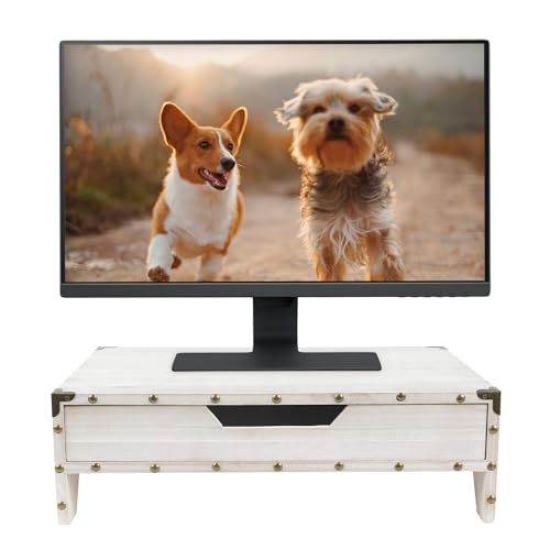 Ikee Design Wooden 2 Tier Monitor Stand with Drawer,Wood Desktop Stands for Laptop ,TV, Computer Riser,Wooden Clutter-Free Desk Storage Organizer,16 1/2 W x 10 1/4 D x 5 1/8 H in, White - Image 1