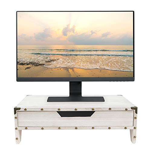 Ikee Design Wooden 2 Tier Monitor Stand with Drawer,Wood Desktop Stands for Laptop ,TV, Computer Riser,Wooden Clutter-Free Desk Storage Organizer,16 1/2 W x 10 1/4 D x 5 1/8 H in, White - Image 2
