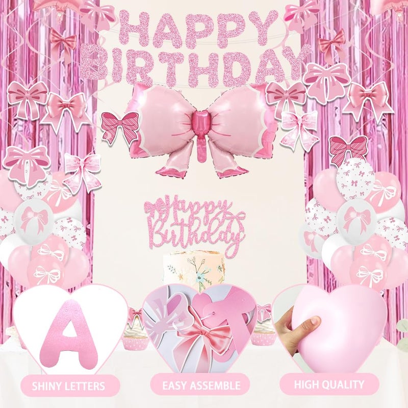 EFAILY Pink Bow Party Decorations, 53 Bow Birthday Decorations with Balloons Fringe Curtains Happy Birthday Banner Hanging Swirl and Cake Toppers for Girlsâ€™ Party Decorations - Image 3