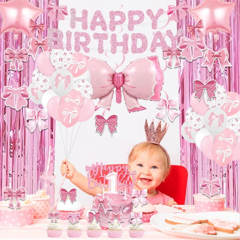 EFAILY Pink Bow Party Decorations, 53 Bow Birthday Decorations with Balloons Fringe Curtains Happy Birthday Banner Hanging Swirl and Cake Toppers for Girlsâ€™ Party Decorations - Image 5