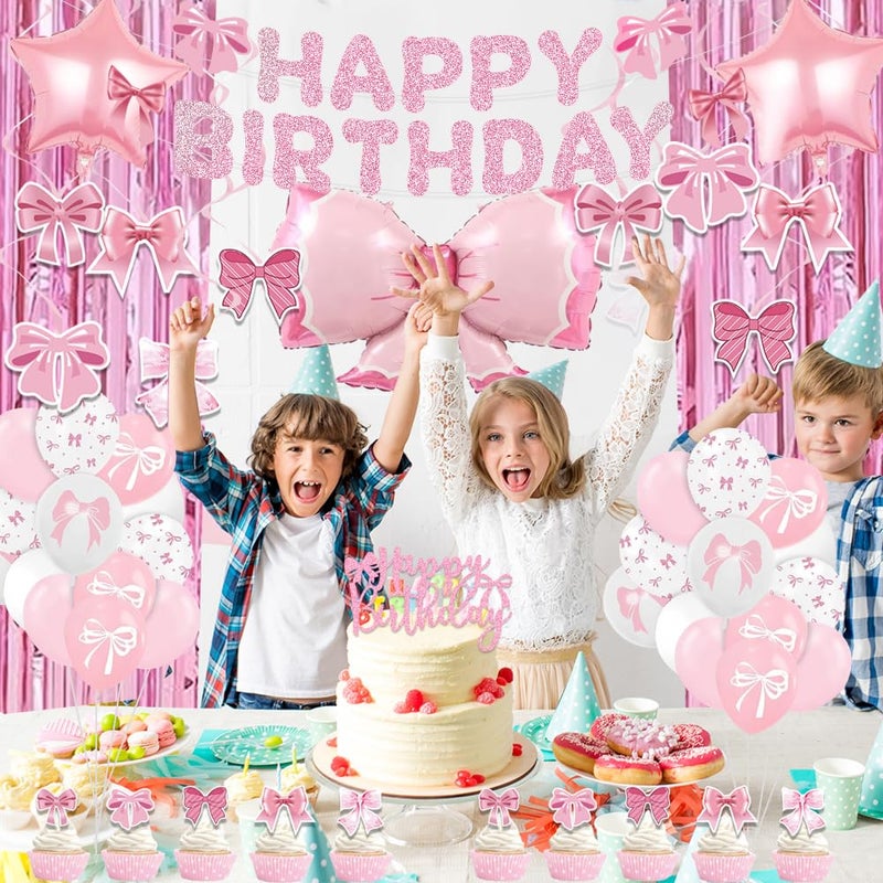 EFAILY Pink Bow Party Decorations, 53 Bow Birthday Decorations with Balloons Fringe Curtains Happy Birthday Banner Hanging Swirl and Cake Toppers for Girlsâ€™ Party Decorations - Image 4
