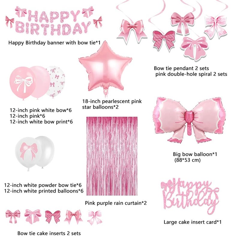 EFAILY Pink Bow Party Decorations, 53 Bow Birthday Decorations with Balloons Fringe Curtains Happy Birthday Banner Hanging Swirl and Cake Toppers for Girlsâ€™ Party Decorations - Image 2