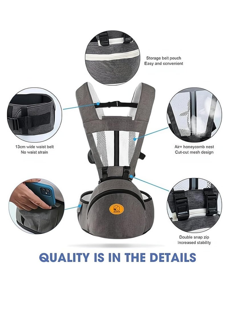 Gonice Hip Seat Baby Carrier – Adjustable Waistband with 3D Belly Protector, Ergonomic Design with Multiple Pockets for Newborns & Toddlers, Includes Shoulder Strap for Extra Comfort(Grey)  - Image 2