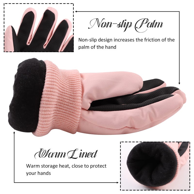 JANGANNSA Winter Kids Ski Gloves Boys Girls Cold Weather Snow Glove Waterproof Ski Snowboard Gloves with Fleece Lining(Solid Skin Pink,7-9Years) - Image 4