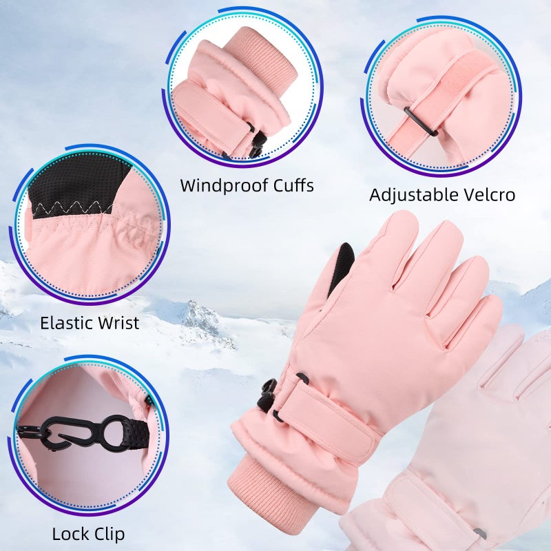 JANGANNSA Winter Kids Ski Gloves Boys Girls Cold Weather Snow Glove Waterproof Ski Snowboard Gloves with Fleece Lining(Solid Skin Pink,7-9Years) - Image 2