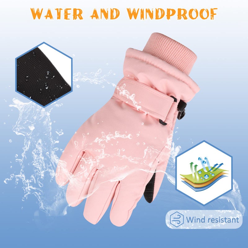 JANGANNSA Winter Kids Ski Gloves Boys Girls Cold Weather Snow Glove Waterproof Ski Snowboard Gloves with Fleece Lining(Solid Skin Pink,7-9Years) - Image 3