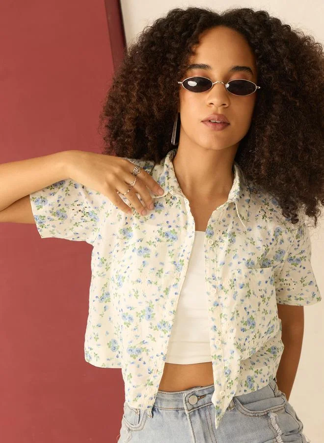 Outzidr  White Floral Priint Crop Shirt for Women | Best Price UAE