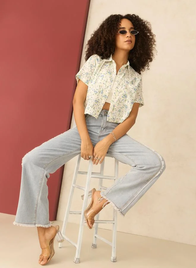 Outzidr  White Floral Priint Crop Shirt for Women | Best Price UAE