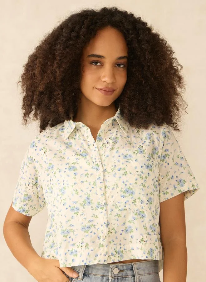 Outzidr  White Floral Priint Crop Shirt for Women | Best Price UAE