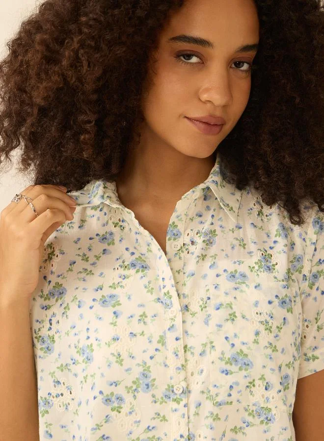 Outzidr  White Floral Priint Crop Shirt for Women | Best Price UAE