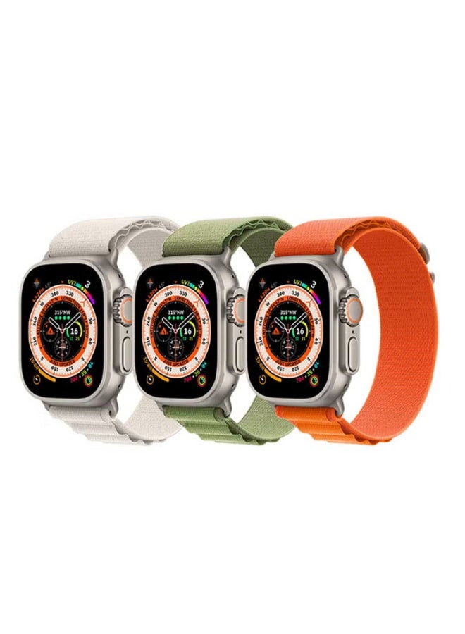 عبوة من 3 أحزمة لساعة أبل واتش، حزام ألبين لوب مقاس 49 مم/45 مم/44 مم، مصنوع من النايلون المنسوج، حزام رياضي متوافق مع ساعات iWatch Series 8/Ultra/7/SE/6/5/4/3/2/7، ألوان: أبيض/أخضر/برتقالي. - Image 2