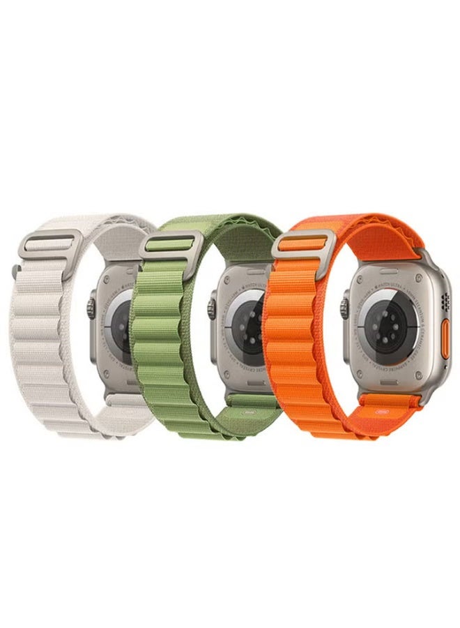 عبوة من 3 أحزمة لساعة أبل واتش، حزام ألبين لوب مقاس 49 مم/45 مم/44 مم، مصنوع من النايلون المنسوج، حزام رياضي متوافق مع ساعات iWatch Series 8/Ultra/7/SE/6/5/4/3/2/7، ألوان: أبيض/أخضر/برتقالي. - Image 1