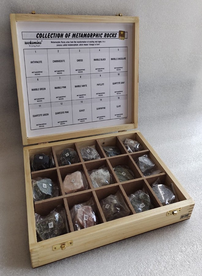 Rocksmins MR15WB Collection Set of 15 Metamorphic Rocks in Wooden Box for Students of School College Education Igneous Sedimentary Metamorphic Samples Collections Introductory Activity Stones kit - Image 2