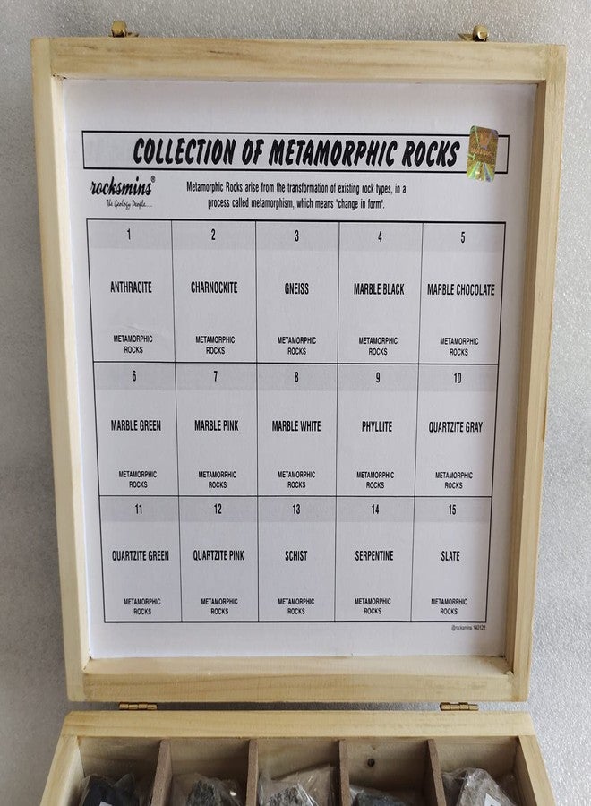 Rocksmins MR15WB Collection Set of 15 Metamorphic Rocks in Wooden Box for Students of School College Education Igneous Sedimentary Metamorphic Samples Collections Introductory Activity Stones kit - Image 3