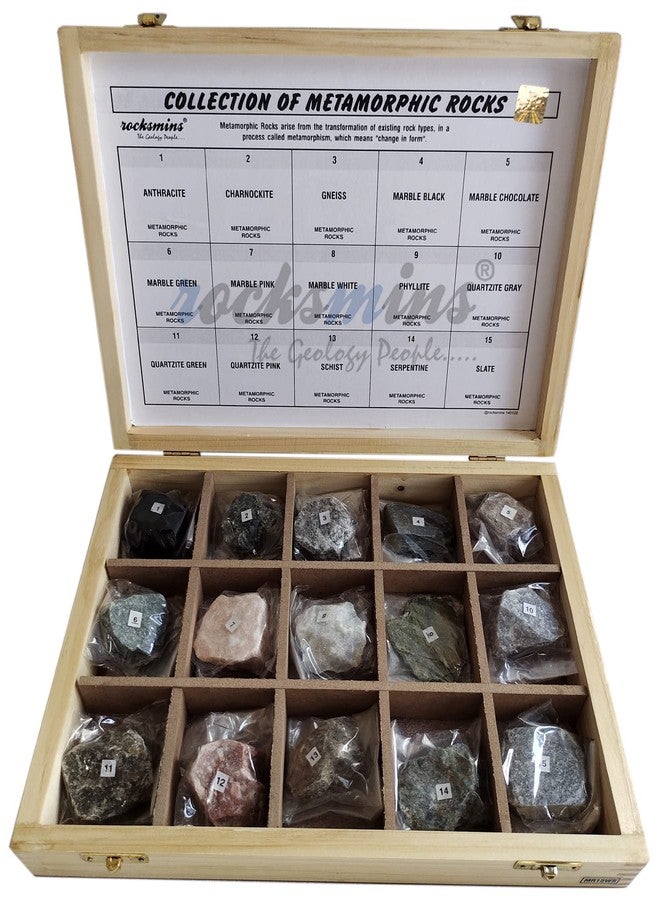 Rocksmins MR15WB Collection Set of 15 Metamorphic Rocks in Wooden Box for Students of School College Education Igneous Sedimentary Metamorphic Samples Collections Introductory Activity Stones kit - Image 1