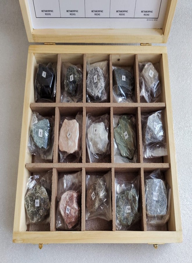 Rocksmins MR15WB Collection Set of 15 Metamorphic Rocks in Wooden Box for Students of School College Education Igneous Sedimentary Metamorphic Samples Collections Introductory Activity Stones kit - Image 4
