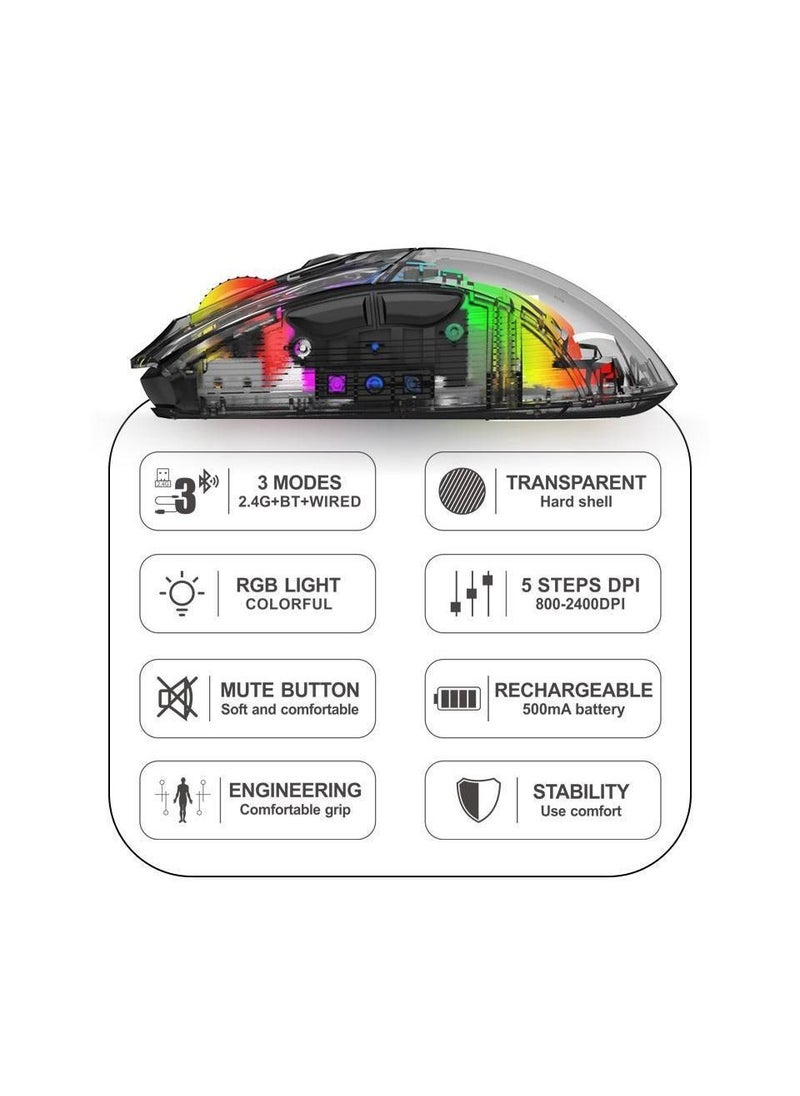 XUNFOX - XYH20 Wireless Three-mode gaming mouse full body transparent design RGB lighting -Black - Image 1
