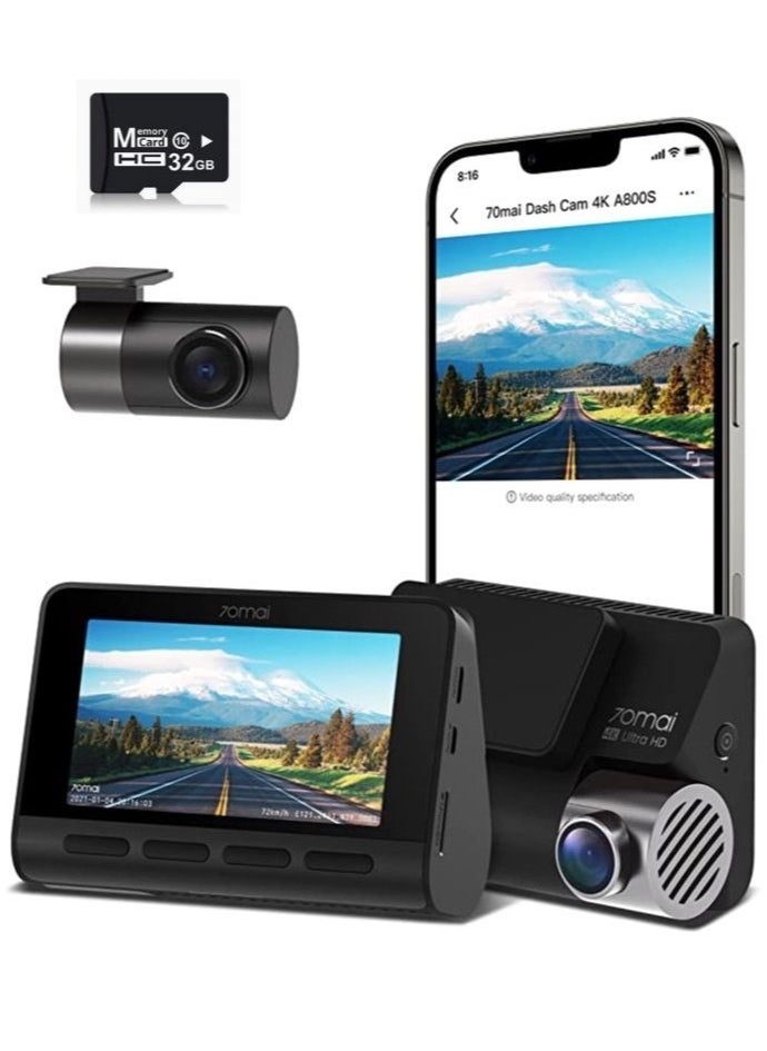 70mai - 70mai 4K Dash Cam A800S, Front and Rear, Super Night Vision with Sony IMX415, 3'' IPS LCD, Built in GPS, Parking Mode, ADAS, Loop Recording, iOS/Android App Control - Image 1