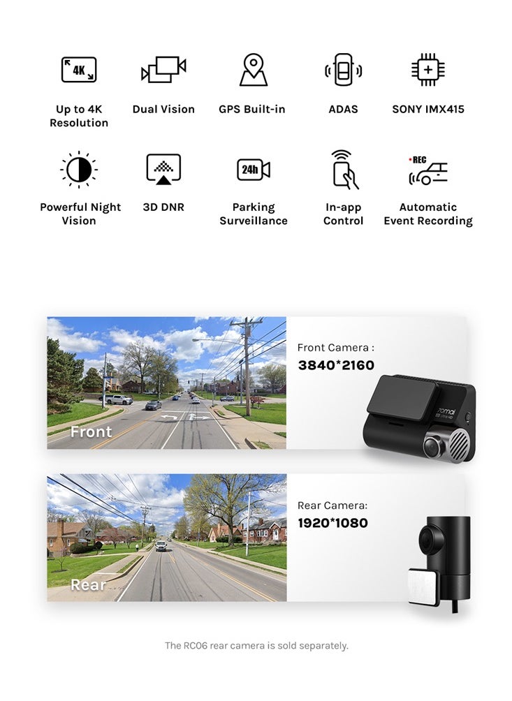 70mai - 70mai 4K Dash Cam A800S, Front and Rear, Super Night Vision with Sony IMX415, 3'' IPS LCD, Built in GPS, Parking Mode, ADAS, Loop Recording, iOS/Android App Control - Image 1