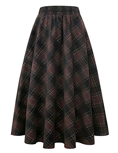IDEALSANXUN Womens Plaid Wool Skirts Elastic Waist A-Line Pleated Tartan Long Skirts (Small, Coffee 2005) - Image 3