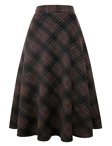 IDEALSANXUN Womens Plaid Wool Skirts Elastic Waist A-Line Pleated Tartan Long Skirts (Small, Coffee 2005) - Image 1
