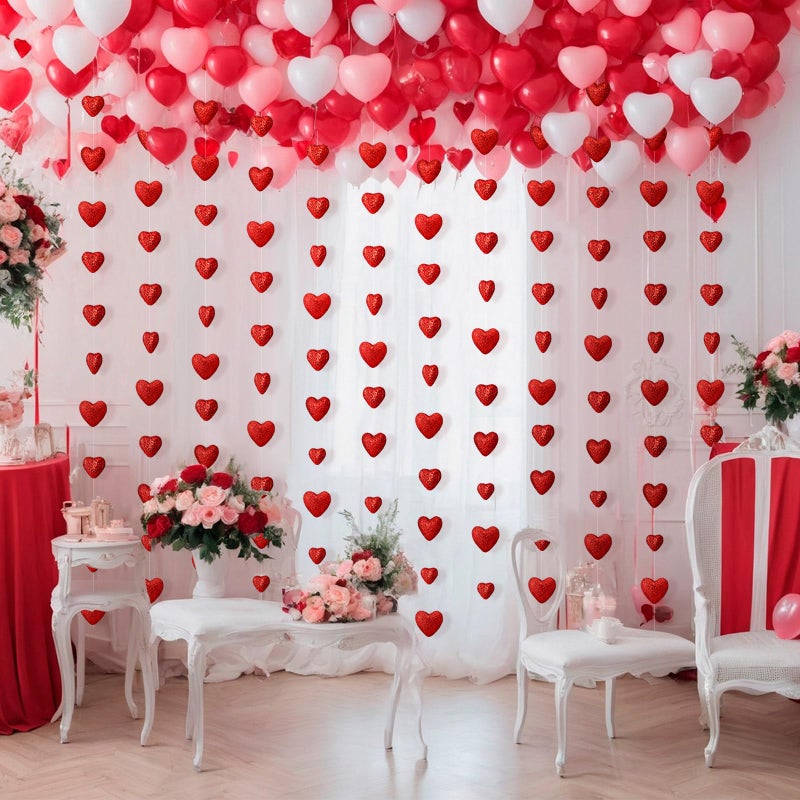 Juinte 12 Pcs 78.74 ft Valentine's Day Red Heart Garland 3D Foam Glitter Heart Hanging String Garland Romantic Valentine Decoration Banner Backdrop for Wedding Anniversary Birthday Party Supplies - Image 5