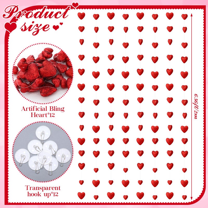 Juinte 12 Pcs 78.74 ft Valentine's Day Red Heart Garland 3D Foam Glitter Heart Hanging String Garland Romantic Valentine Decoration Banner Backdrop for Wedding Anniversary Birthday Party Supplies - Image 3